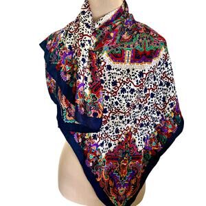 Vintage Smithsonian Institute 100% Silk Art Print Scarf Wrap Asian Boho Colorful